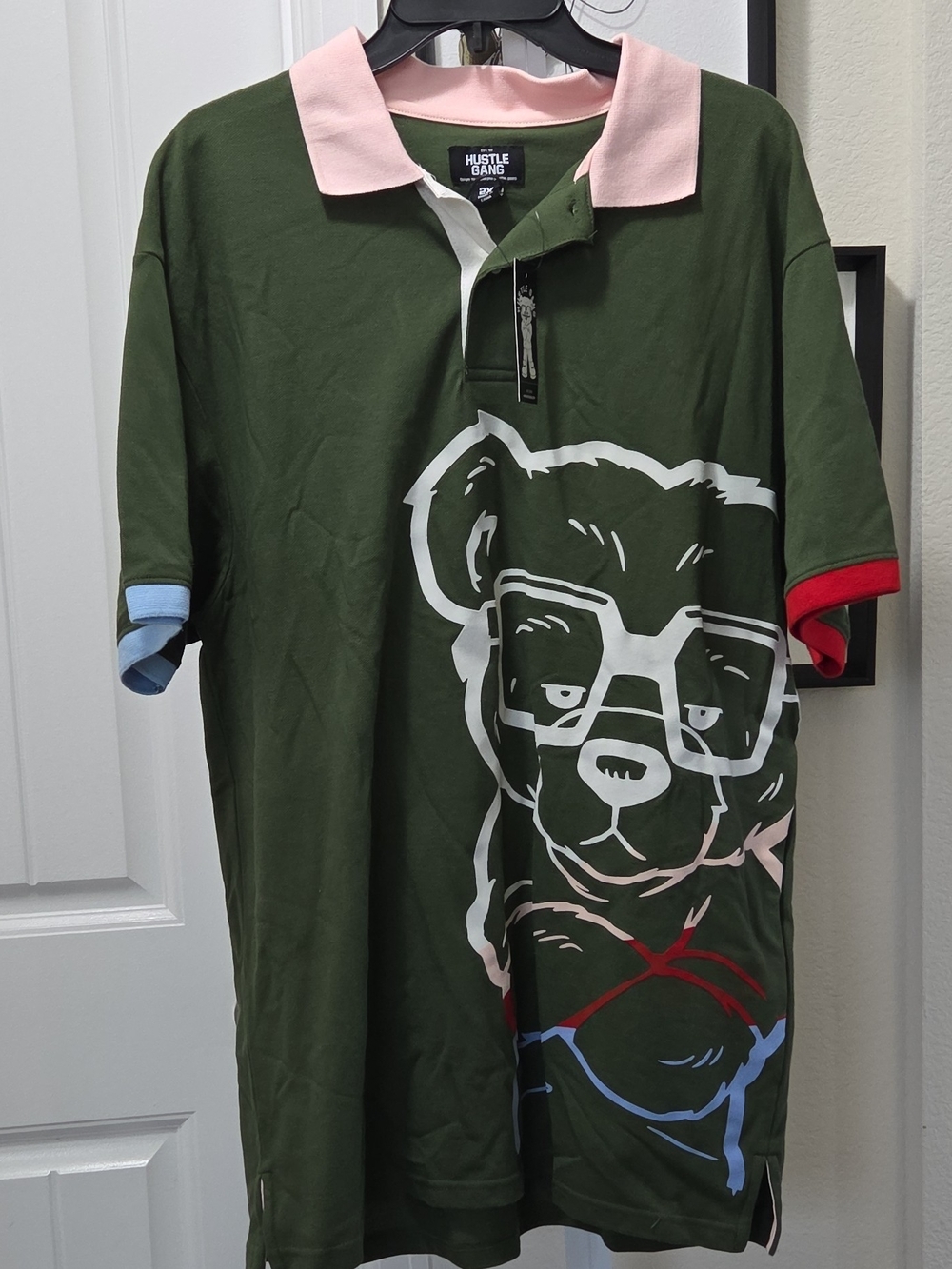Hustle Gang Olive Polo with Bear Graphic